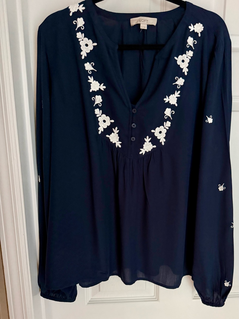 LOFT Navy Blouse with White Floral Embroidery